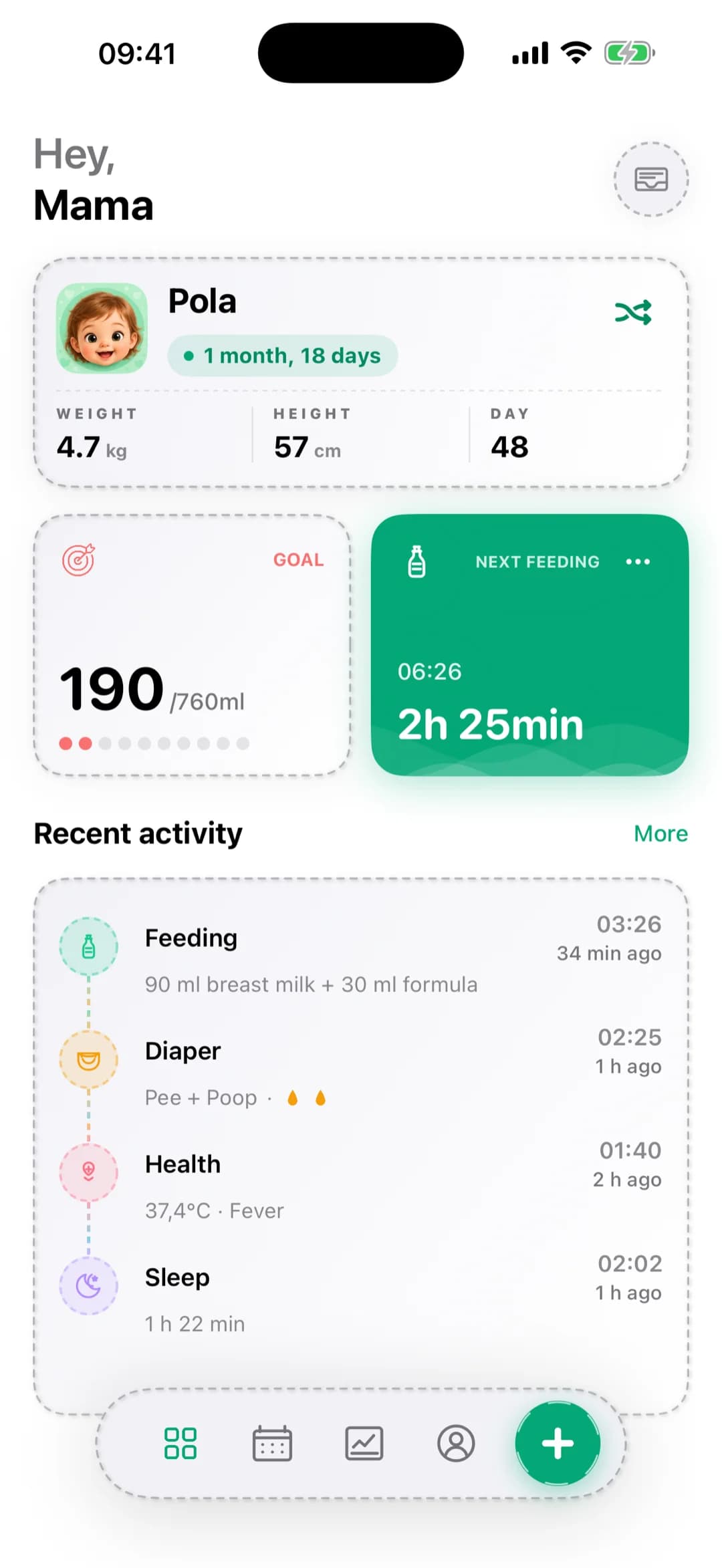 Pola home screen — feeding, sleep and diaper tracker